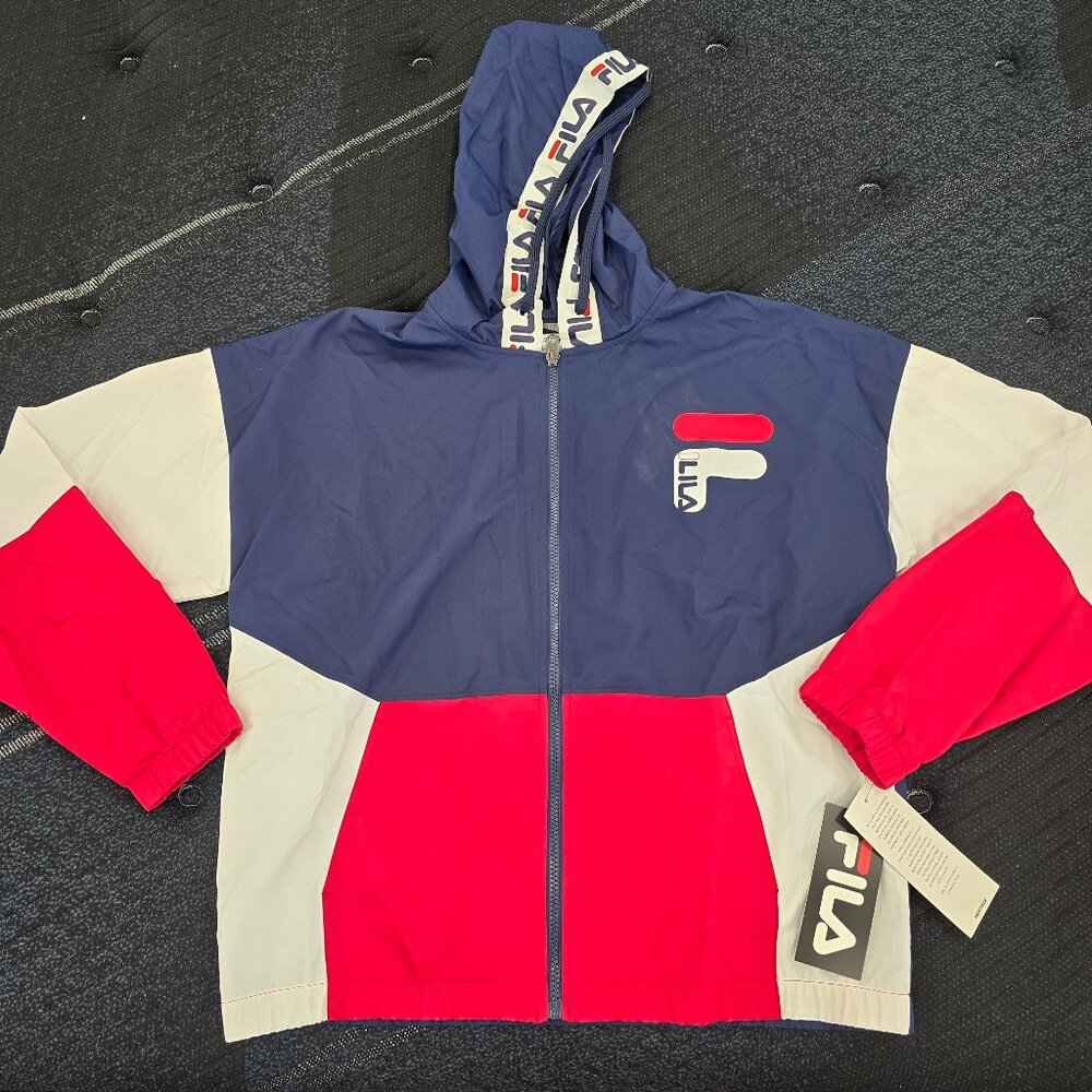 Fila Women's Blue, Red & White Colorblock Full Zip Hooded Windbreaker Size Large